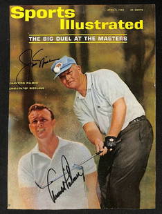 Jack Nicklaus Arnold Palmer Dual-Signed 1965 Sports Illustrated Cover JSA Authenticated: Jack Nicklaus Arnold Palmer Dual-Signed 1965 Sports Illustrated Cover JSA Authenticated This is an original dual-signed magazine cover page featuring golf legends Jack Nicklaus and Arnold Palmer from