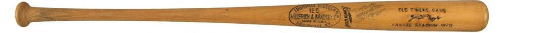 Joe DiMaggio Game Issued Bat Signed by 1972 Yankees with PSA DNA: Joe DiMaggio Game Issued Bat Signed by 1972 Yankees with PSA DNA This remarkable item features a Joe DiMaggio game-issued bat, specifically a signature model Hillerich & Bradsby in the D29L format, or