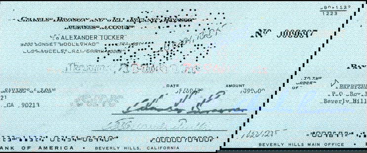 Charles Bronson Signed Bank Check JSA Authenticated Hollywood Memorabilia: Charles Bronson Signed Bank Check JSA Authenticated Hollywood Memorabilia This is an original bank check signed by the iconic actor Charles Bronson. The autograph is authenticated by James Spence Auth