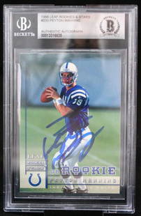 1998 Leaf Rookies and Stars Peyton Manning #233 BGS Auto 10 NFL Rookie Card: 1998 Leaf Rookies and Stars Peyton Manning #233 BGS Auto 10 NFL Rookie Card This is a 1998 Leaf Rookies and Stars #233 sports trading card featuring Hall of Fame quarterback Peyton Manning, who played