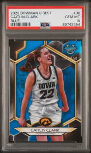 2023 Bowman U Best Caitlin Clark #30 Blue #/150 PSA 10 Basketball Card: 2023 Bowman U Best Caitlin Clark #30 Blue #/150 PSA 10 Basketball Card This is a graded 2023 Bowman U Best Caitlin Clark #30 Blue basketball card, limited to just 150 copies. It has received a perfect