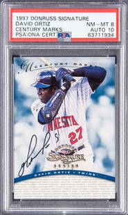 1997 Donruss David Ortiz Autographed Rookie Card /100 PSA 10: 1997 Donruss David Ortiz Autographed Rookie Card /100 PSA 10 This is a highly sought-after 1997 Donruss Signature Series Century Marks David Ortiz Autographed Rookie Card, numbered 0061 out of only 10