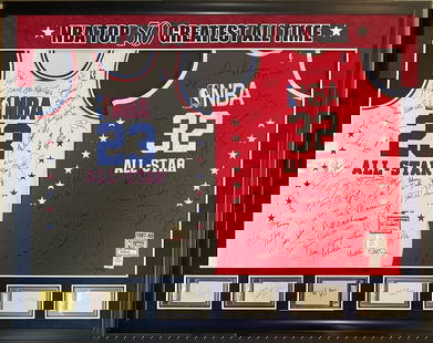 Michael Jordan Signed Jersey Display NBA Top 50 Legends 50x64 JSA Authentic: Michael Jordan Signed Jersey Display NBA Top 50 Legends 50x64 JSA Authentic Celebrate the legacy of basketball with this magnificent display featuring signed jerseys of the Incredible NBA Top 50 Great