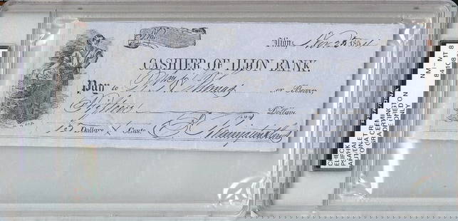 Eliphalet Remington Autographed Bank Check PSA/DNA NM-MT 8: Eliphalet Remington Autographed Bank Check PSA/DNA NM-MT 8 This is an original bank check signed by Eliphalet Remington, renowned for his contributions to the firearms industry. The check has been aut