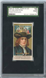 1888 W Duke Sons Co N76 Tobacco Card William Penn SGC Authenticated: 1888 W Duke Sons Co N76 Tobacco Card William Penn SGC Authenticated This graded 1888 W Duke Sons Co N76 Great Americans tobacco card features William Penn, an iconic figure in American history. Authen