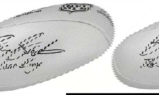 Barry Sanders Signed Wilson Duke Football with Lion King Inscription SS COA: Barry Sanders Signed Wilson Duke Football with Lion King Inscription SS COA Celebrate the legacy of Barry Sanders with this stunning Wilson Duke silver metallic football, beautifully inscribed with 'T