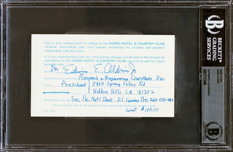 Edwin Buzz Aldrin Signed Apollo 11 Index Card Beckett Authenticated: Edwin Buzz Aldrin Signed Apollo 11 Index Card Beckett Authenticated This genuine signed index card features the autograph of Edwin "Buzz" Aldrin, the second person to walk on the moon during the Apoll