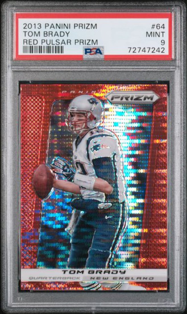 2013 Panini Prizm Red Pulsar Tom Brady #64 PSA 9 Football Card: 2013 Panini Prizm Red Pulsar Tom Brady #64 PSA 9 Football Card This is a graded 2013 Panini Prizm Red Pulsar Prizm football card featuring Tom Brady, numbered #64. It has been authenticated and graded