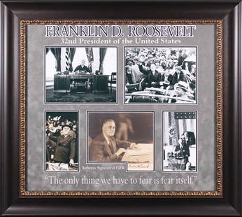 Franklin D. Roosevelt Signed 9.5x11 Framed Photo JSA COA: Franklin D. Roosevelt Signed 9.5x11 Framed Photo JSA COA This stunning, professionally framed 9.5x11 photograph features a personal inscription by Franklin D. Roosevelt, reading "To Dan McGrath from h