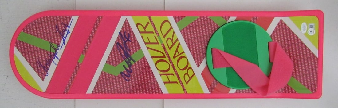 Michael J Fox Christopher Lloyd Signed Back to the Future Hoverboard JSA: Michael J Fox Christopher Lloyd Signed Back to the Future Hoverboard JSA This authentic hoverboard from the iconic "Back to the Future" film is signed by both Michael J. Fox and Christopher Lloyd, mak