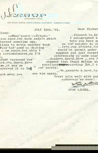Stan Laurel 1961 Signed Typed Letter JSA Certified Oceana Letterhead: Stan Laurel 1961 Signed Typed Letter JSA Certified Oceana Letterhead This is a signed 5.5 x 8.5 typed letter from Stan Laurel, dated 1961, featuring the Oceana letterhead. The letter has been authenti