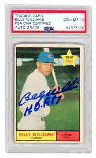 Billy Williams Autographed Cubs 1961 Topps RC #141 HOF 87 PSA GEM Mint 10: Billy Williams Autographed Cubs 1961 Topps RC #141 HOF 87 PSA GEM Mint 10 This collectible features a Billy Williams autographed 1961 Topps rookie card #141 from the Chicago Cubs, inscribed with 'HOF