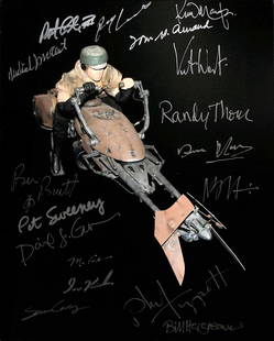 Star Wars ROTJ Speeder Bike 8x10 Multi Signed by 17 with Beckett LOA: Star Wars ROTJ Speeder Bike 8x10 Multi Signed by 17 with Beckett LOA This stunning 8x10 photograph features the iconic Speeder Bike from Star Wars: Return of the Jedi, autographed by 17 key individual