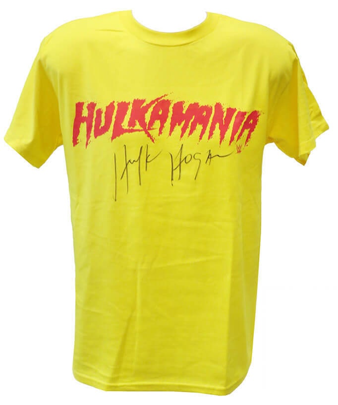 Hulk Hogan Signed Hulkamania Yellow Wrestling T-Shirt with COA: Hulk Hogan Signed Hulkamania Yellow Wrestling T-Shirt with COA Hulk Hogan signed Hulkamania yellow wrestling t-shirt. Item comes with a tamper-proof numbered hologram and Certificate of Authenticity w