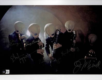 Star Wars Cantina Band Autographed 11x14 Photo by 6 with Beckett LOA: Star Wars Cantina Band Autographed 11x14 Photo by 6 with Beckett LOA This autographed 11x14 color photograph features the iconic Star Wars Cantina Band, signed by six performers: Phil Tippett, Jon Ber