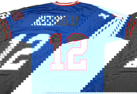 Jim Kelly Autographed Buffalo Bills Blue Jersey Beckett Authenticated: Jim Kelly Autographed Buffalo Bills Blue Jersey Beckett Authenticated This is a pre-owned Jim Kelly autographed blue pro style jersey, showcasing the legendary quarterback's signature. The jersey is a