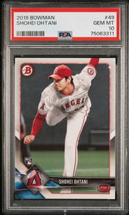2018 Bowman Shohei Ohtani #49 PSA 10 Gem Mint Rookie Baseball Card: 2018 Bowman Shohei Ohtani #49 PSA 10 Gem Mint Rookie Baseball Card This graded 2018 Bowman Shohei Ohtani #49 rookie baseball card is a must-have for any collector. Authenticated by Professional Sports