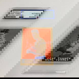 1948 Leaf Boxing Gene Tunney Autographed Card PSA DNA Rare 1 of 3: 1948 Leaf Boxing Gene Tunney Autographed Card PSA DNA Rare 1 of 3 This 1948 Leaf Boxing card features the signature of legendary boxer Gene Tunney, a rare collectible from the 1948 set. Authenticated
