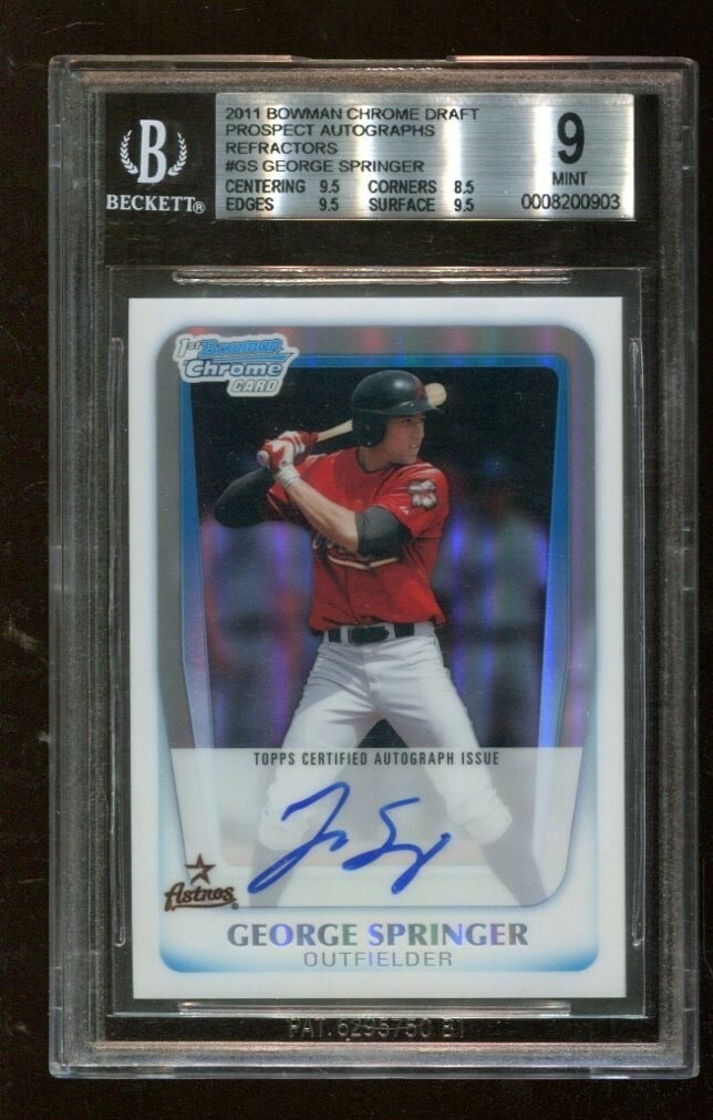 George Springer 2011 Bowman Chrome Rookie Card BGS 9 Astros: George Springer 2011 Bowman Chrome Rookie Card BGS 9 Astros This is a George Springer 2011 Bowman Chrome Draft Prospect Autographs rookie card, featuring the talented outfielder from the Houston Astro