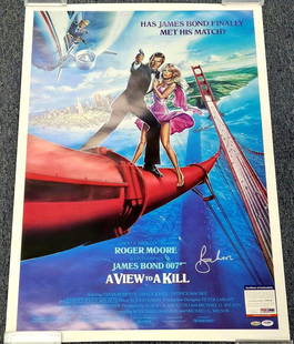 Roger Moore Signed 24x36 A View to a Kill Movie Poster PSA/DNA: Roger Moore Signed 24x36 A View to a Kill Movie Poster PSA/DNA This is an original replica movie poster for "A View to a Kill," signed by Roger Moore. The poster measures 24x36 inches and comes with a