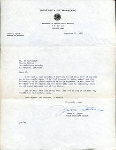 Big Jim Tatum Signed TLS Letter Autographed Football Beckett C87854: Big Jim Tatum Signed TLS Letter Autographed Football Beckett C87854 This item features a signed TLS (Typed Letter Signed) from Big Jim Tatum, showcasing his autograph authenticated by Beckett. A notab