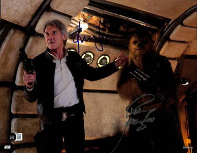 Harrison Ford Peter Mayhew Signed Star Wars 11x14 Photo Beckett LOA: Harrison Ford Peter Mayhew Signed Star Wars 11x14 Photo Beckett LOA This stunning 11x14 color photograph from Star Wars: The Force Awakens features the autographs of Harrison Ford and Peter Mayhew. Ha