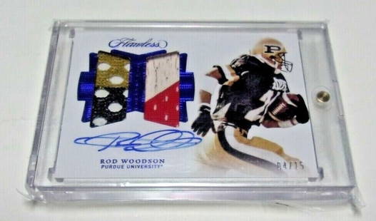 Rod Woodson 2018 Flawless Autographed Game-Used Dual Jersey Card 4/15: Rod Woodson 2018 Flawless Autographed Game-Used Dual Jersey Card 4/15 This is a rare collectible card featuring Rod Woodson, a notable figure in NFL football. The card showcases a stunning 4-color gam