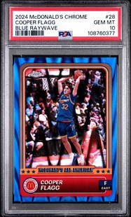2024 McDonalds CHR Cooper Flagg #28 Blue Raywave PSA 10 Basketball Card: 2024 McDonalds CHR Cooper Flagg #28 Blue Raywave PSA 10 Basketball Card This is a graded 2024 McDonald's CHR Cooper Flagg #28 Blue Raywave Basketball Card, receiving an impressive grade of 10 by Profe