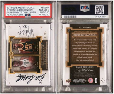 Bill Russell David Robinson 2013 Upper Deck Dual Auto #EE2RR /15 PSA 8: Bill Russell David Robinson 2013 Upper Deck Dual Auto #EE2RR /15 PSA 8 This unique collectible features autographs from two basketball legends, Bill Russell and David Robinson. The 2013 Upper Deck
