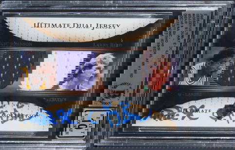 Magic Johnson Larry Bird Signed 2005 Ultimate 3/10 Auto Gem Mint 10 Beckett: Magic Johnson Larry Bird Signed 2005 Ultimate 3/10 Auto Gem Mint 10 Beckett Celebrate basketball history with this autographed 2005 Ultimate Collection Jerseys Dual Gold #DJJB #3/10 card featuring the