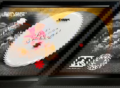 Chad Smith Signed Drumhead Custom Framed Display 25 x 17 JSA Authenticated: Chad Smith Signed Drumhead Custom Framed Display 25 x 17 JSA Authenticated This stunning custom framed display features a drumhead signed by Chad Smith, the drummer of the Red Hot Chili Peppers. The s