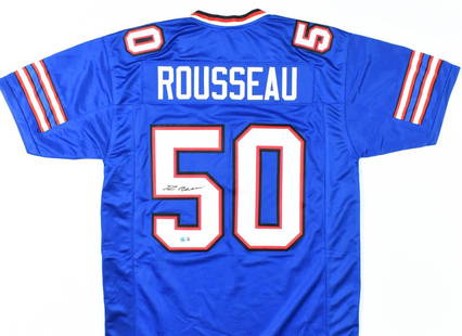 Greg Rousseau Autographed Blue Jersey Buffalo Bills Beckett Authenticated: Greg Rousseau Autographed Blue Jersey Buffalo Bills Beckett Authenticated Own a piece of football history with this Greg Rousseau Autographed Blue Pro Style Jersey. This original jersey is a perfect a