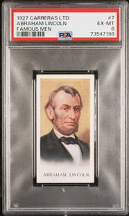 1927 Carreras Famous Men Abraham Lincoln Tobacco Card PSA 6 Authentic: 1927 Carreras Famous Men Abraham Lincoln Tobacco Card PSA 6 Authentic This 1927 Carreras Ltd. Famous Men Tobacco Card features Abraham Lincoln, graded PSA 6, reflecting its excellent condition. This c