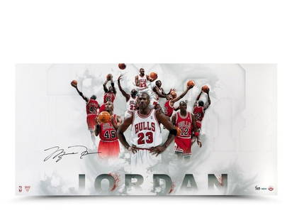 Michael Jordan Autographed 36x18 Photo Collage Chicago Bulls Limited #/123: Michael Jordan Autographed 36x18 Photo Collage Chicago Bulls Limited #/123 This stunning Michael Jordan autographed collage features a large 36x18 photo showcasing the legendary player in action for t