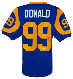 Aaron Donald Signed Blue Throwback Jersey JSA COA Los Angeles Rams: Aaron Donald Signed Blue Throwback Jersey JSA COA Los Angeles Rams This is a signed blue throwback custom football jersey of Aaron Donald, representing the Los Angeles Rams. The jersey is