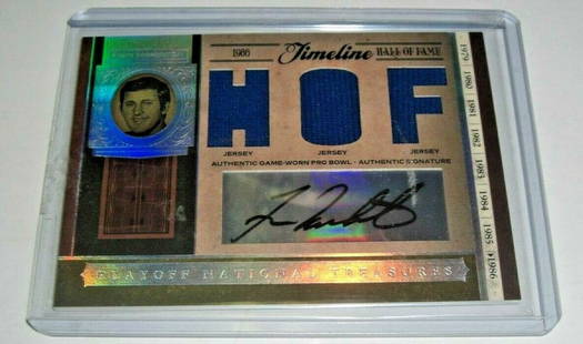 Fran Tarkenton 06 National Treasure Game Used Triple Jersey Auto 4/5: Fran Tarkenton 06 National Treasure Game Used Triple Jersey Auto 4/5 This collectible card features a game-used triple jersey autograph of NFL legend Fran Tarkenton, numbered 4/5. It represents a