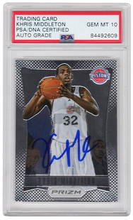 Khris Middleton 2012 Panini Prizm RC Autographed Card #285 PSA Auto 10: Khris Middleton 2012 Panini Prizm RC Autographed Card #285 PSA Auto 10 Celebrate the legacy of Khris Middleton with this autographed 2012 Panini Prizm Rookie Card #285. This collectible features a Min
