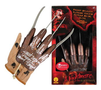 Signed Deluxe Freddy Krueger Glove by Englund Langenkamp Wyss Blakley with Beckett COA: Signed Deluxe Freddy Krueger Glove by Englund Langenkamp Wyss Blakley with Beckett COA This Deluxe Metal Freddy Krueger Glove features the iconic inscription "Sweet Dreamz 'Freddy K'" and has been per