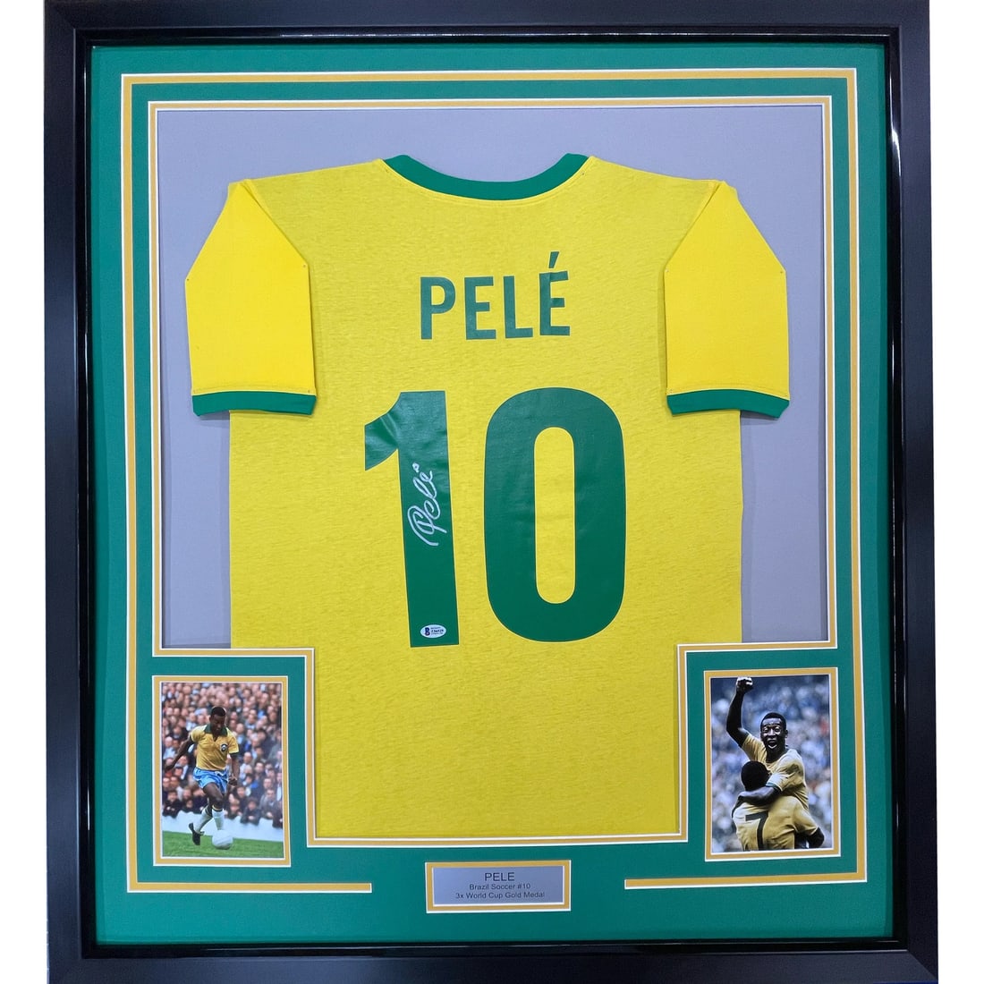 Framed Signed Pele Brazil Jersey 33x42 with BAS COA: Framed Signed Pele Brazil Jersey 33x42 with BAS COA This framed jersey features an authentic autograph from the legendary soccer player Pele. The jersey is from the Brazil national team and measures 3