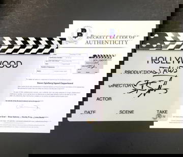 Rare Steven Spielberg Signed Jaws Director Clapboard Beckett LOA: Rare Steven Spielberg Signed Jaws Director Clapboard Beckett LOA This original director clapboard from the iconic movie "Jaws" is signed by legendary filmmaker Steven Spielberg. Accompanied by a Becke