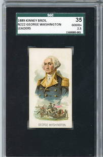1889 N222 Kinney Bros George Washington Tobacco Card SGC 2.5 Authentic: 1889 N222 Kinney Bros George Washington Tobacco Card SGC 2.5 Authentic This is a graded 1889 N222 Kinney Bros. Leaders tobacco card featuring George Washington, graded at 2.5 by Sportscard Guaranty (S