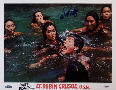 Dick Van Dyke Signed 11x14 Lobby Card Lt Robin Crusoe PSA CoA: Dick Van Dyke Signed 11x14 Lobby Card Lt Robin Crusoe PSA CoA This is an original 11x14 lobby card photo from the classic film "Lt. Robin Crusoe U.S.N.", personally signed by the legendary actor Dick