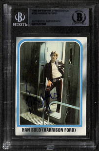 Harrison Ford Signed Han Solo Trading Card Star Wars 1980 BAS: Harrison Ford Signed Han Solo Trading Card Star Wars 1980 BAS This is a signed trading card featuring Harrison Ford as Han Solo from the iconic 1980 film, Star Wars: The Empire Strikes Back. The card