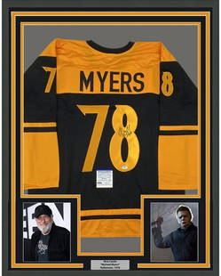 Framed Signed Nick Castle Halloween Jersey 33x42 PSA/DNA COA: Framed Signed Nick Castle Halloween Jersey 33x42 PSA/DNA COA This framed autographed jersey features the signature of Nick Castle, renowned for his role in Halloween. The jersey measures 33x42 inches