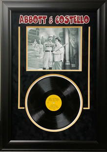 Bud Abbott Lou Costello Signed Who's on First Vinyl LP 1956 JSA COA Framed: Bud Abbott Lou Costello Signed Who's on First Vinyl LP 1956 JSA COA Framed This unique piece of entertainment history features a signed vinyl LP record of the iconic comedy routine "Who's on First?" p