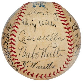 Babe Ruth Lou Gehrig 1934 Japan Tour Signed Baseball PSA Authenticated: Babe Ruth Lou Gehrig 1934 Japan Tour Signed Baseball PSA Authenticated This exceptional baseball features the signatures of 20 members from the historic U.S. Tour of Japan All-Star team, including leg