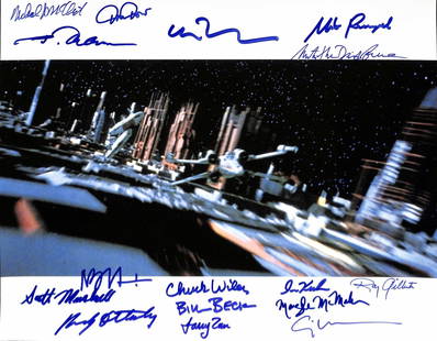 Star Wars ROTJ Death Star 11x14 Photo Signed by 16 ILM Crew Beckett LOA: Star Wars ROTJ Death Star 11x14 Photo Signed by 16 ILM Crew Beckett LOA This stunning 11x14 photograph captures the iconic Death Star from Star Wars: Return of the Jedi, featuring the authentic signat