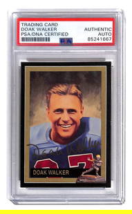 Doak Walker Autographed 1992 Heisman Football Card PSA SMU Mustangs: Doak Walker Autographed 1992 Heisman Football Card PSA SMU Mustangs This original 1992 Heisman card features the autograph of Doak Walker, a celebrated player from the SMU Mustangs. The card has been