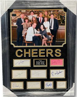 Cheers Autographed Cuts Framed Display 26x34 Beckett Authenticated: Cheers Autographed Cuts Framed Display 26x34 Beckett Authenticated This unique piece features autographed cuts from the beloved television series 'Cheers,' showcasing signatures from Woody Harrelson,