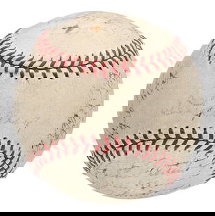 1936 New York Yankees Team Signed Baseball with Lou Gehrig and Joe DiMaggio PSA Authenticated: 1936 New York Yankees Team Signed Baseball with Lou Gehrig and Joe DiMaggio PSA Authenticated Celebrate the legacy of the 1936 New York Yankees with this original team-signed baseball. Authenticated b